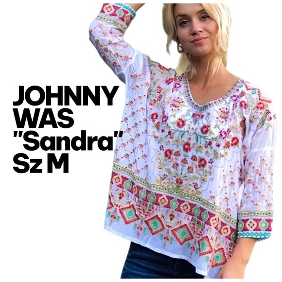 JOHNNY WAS "SANDRA" MD White All Over Heavily Embroidered S/S Cupro Blouse Boho - Picture 1 of 13